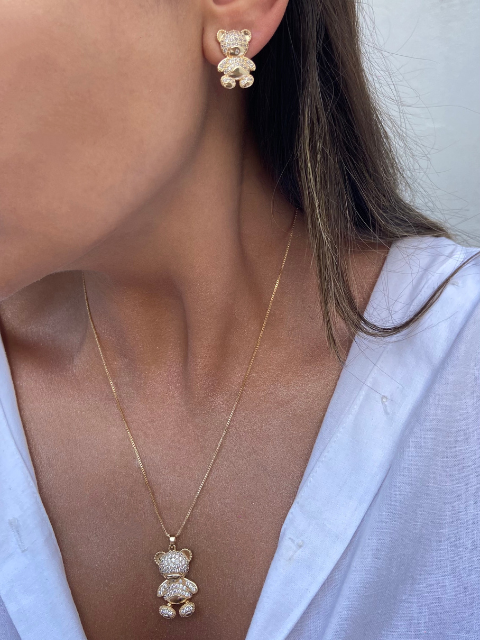 Conjunto Urso Cravejado Zircônia Ouro 18k