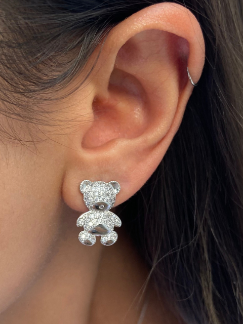 Conjunto Urso Cravejado Zircônia Ródio Branco