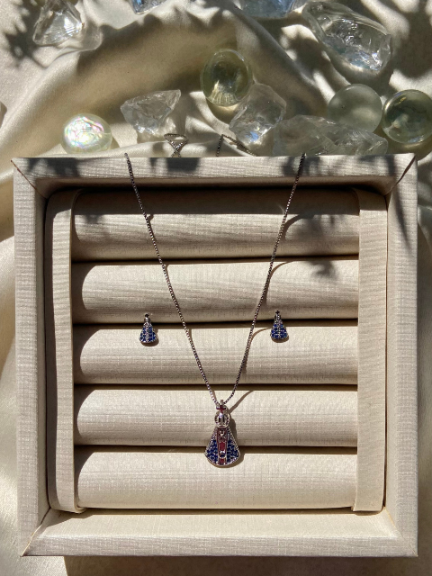 Conjunto Nossa Senhora Azul Pequeno Ródio Branco
