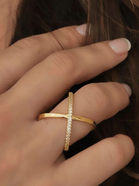 Anel X Cravejado Zircônia Banhado a Ouro 18k ou Ródio