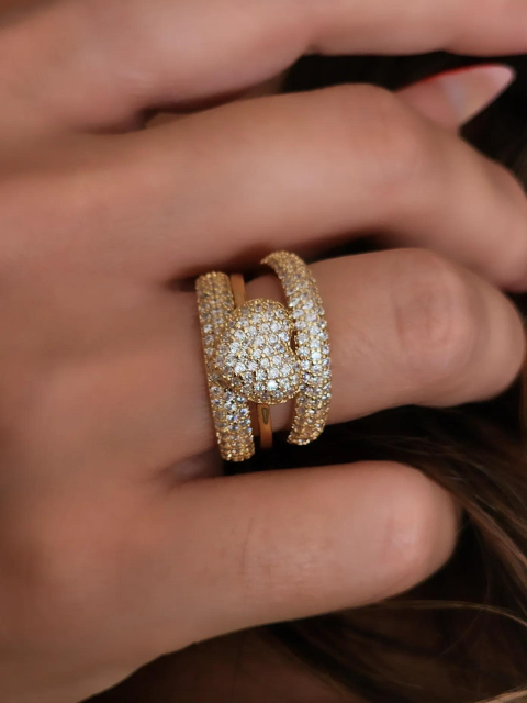 Anel Coração com Dois Aparadores Cravejado de Zircônia