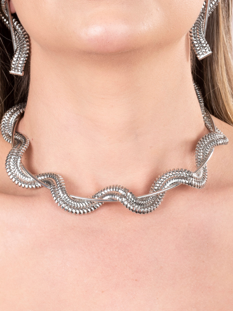 Conjunto Choker e Brinco Aro Malha Ródio Branco