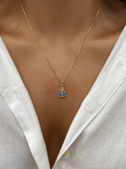 Conjunto Nossa Senhora Azul Pequeno Ouro 18k