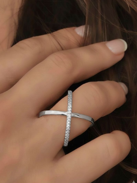 Anel X Cravejado Zircônia Banhado a Ouro 18k ou Ródio