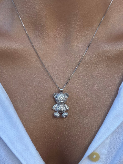 Conjunto Urso Cravejado Zircônia Ródio Branco