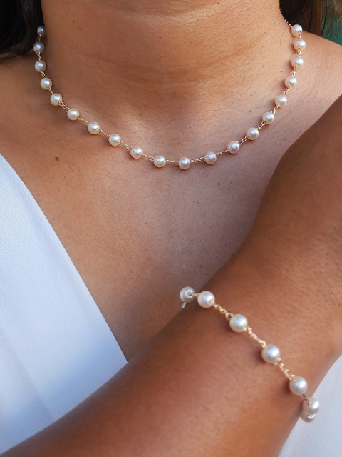 Mix Pérola Delicada Colar e Pulseira Ouro 18k