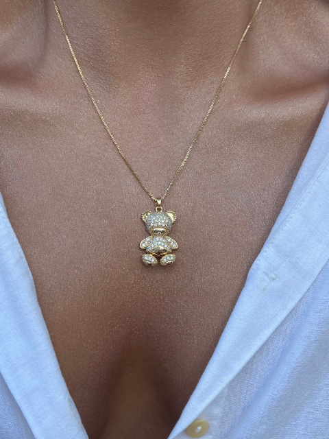 Conjunto Urso Cravejado Zircônia Ouro 18k