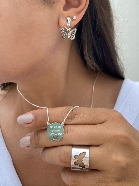 Kit Borboleta, Brinco, Escapulário e Anel