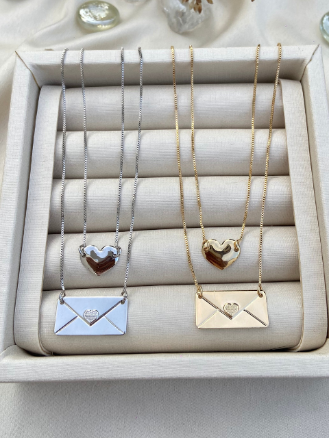 Colar Duplo Coração e Cartinha Liso