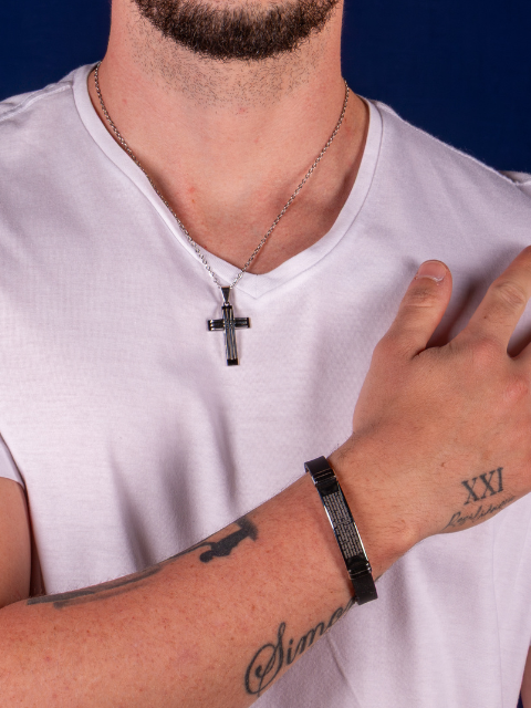 Pulseira Masculina Placa Oração Pai Nosso Aço Inox