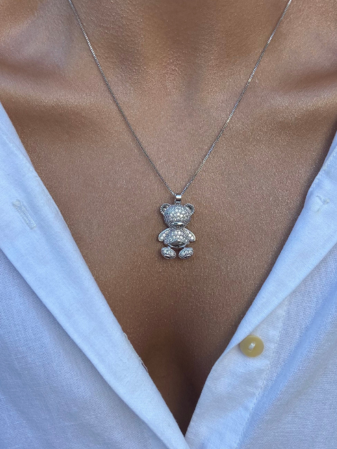 Colar Pingente Urso Cravejado Zircônia