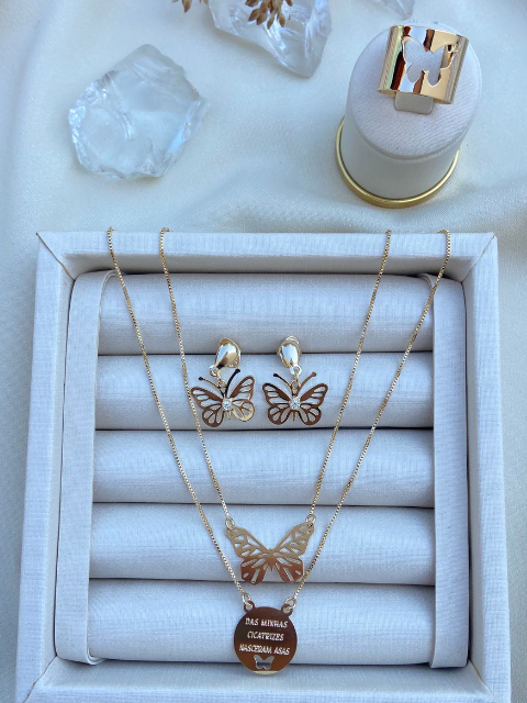 Kit Borboleta, Brinco, Escapulário e Anel