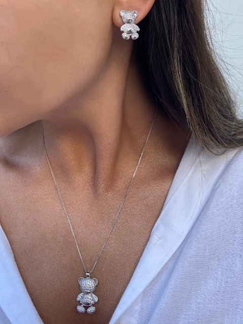 Conjunto Urso Cravejado Zircônia Ródio Branco