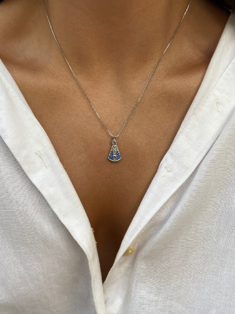Conjunto Nossa Senhora Azul Pequeno Ródio Branco