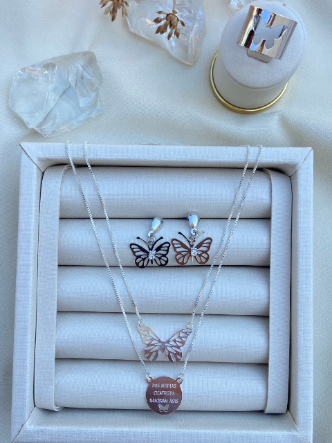 Kit Borboleta, Brinco, Escapulário e Anel