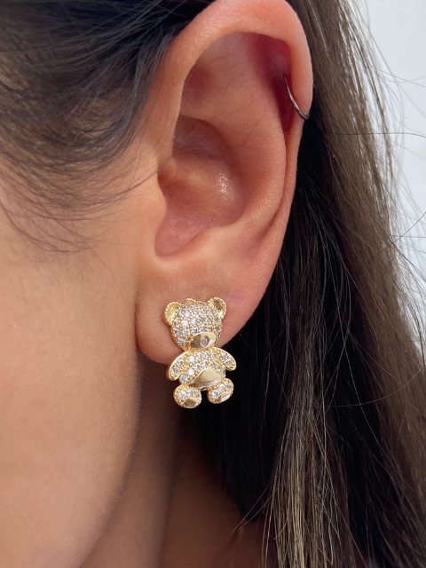 Conjunto Urso Cravejado Zircônia Ouro 18k