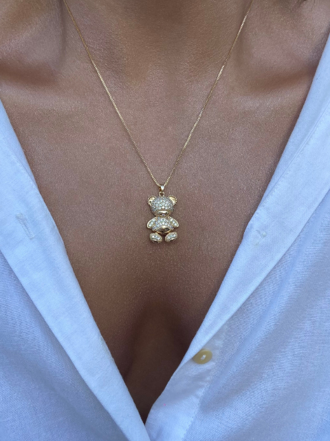 Colar Pingente Urso Cravejado Zircônia