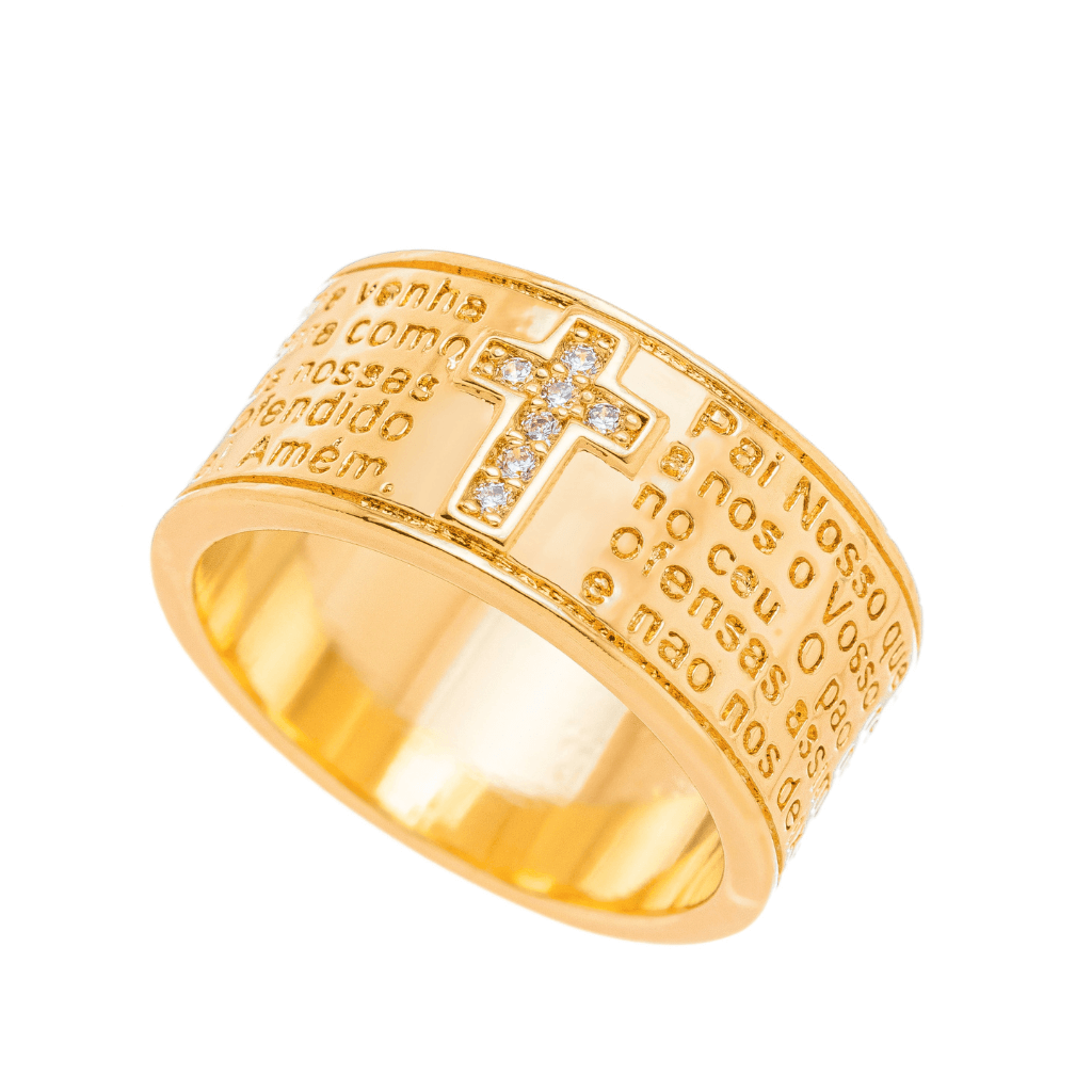 Anel Largo Oração do Pai Nosso com Zircônia Ouro 18k