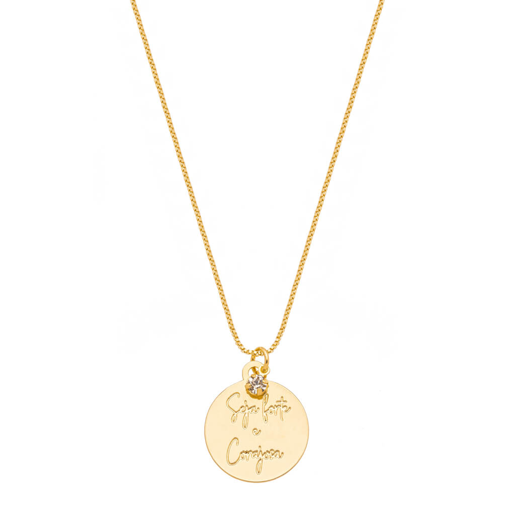 Colar Seja Forte e Corajosa Medalha Ponto de Luz Banhado a Ouro 18k ou Ródio