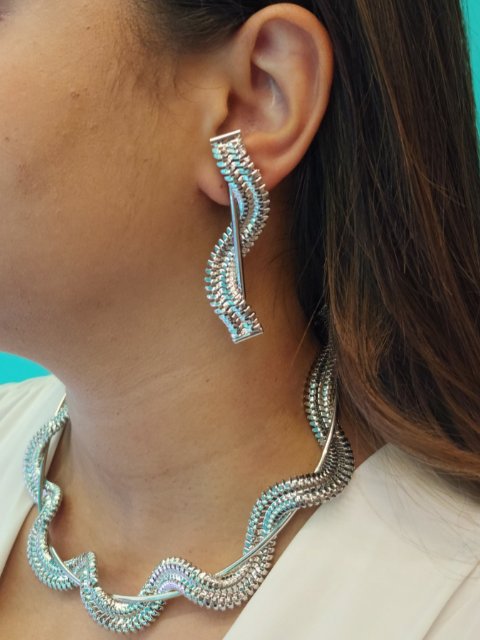 Conjunto Choker e Brinco Aro Malha Ródio Branco