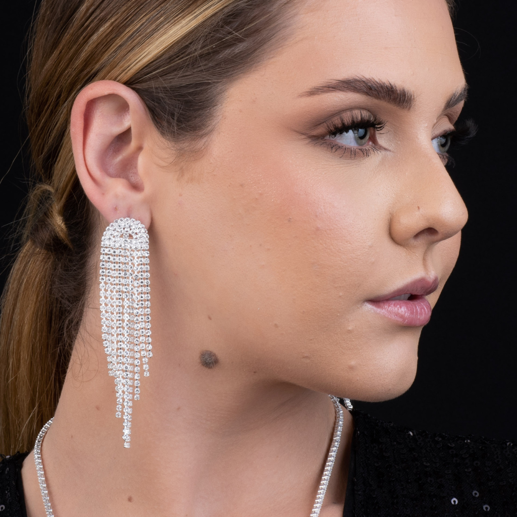 Brinco Franja Strass Design Redondo Prata