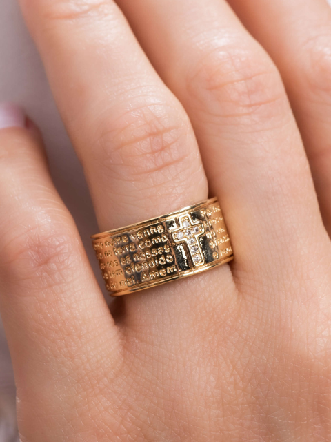Anel Largo Oração do Pai Nosso com Zircônia Ouro 18k