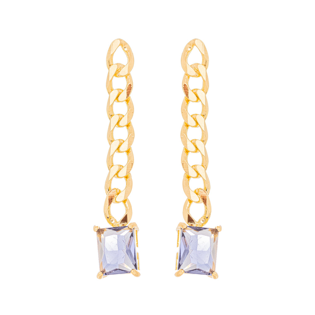 Brinco Corrente Com Cristal Lavanda Ouro 18k