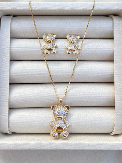 Conjunto Urso Cravejado Zircônia Ouro 18k