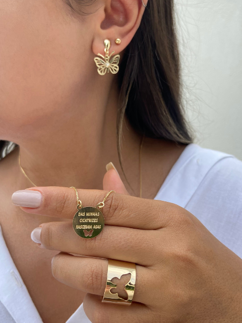 Kit Borboleta, Brinco, Escapulário e Anel